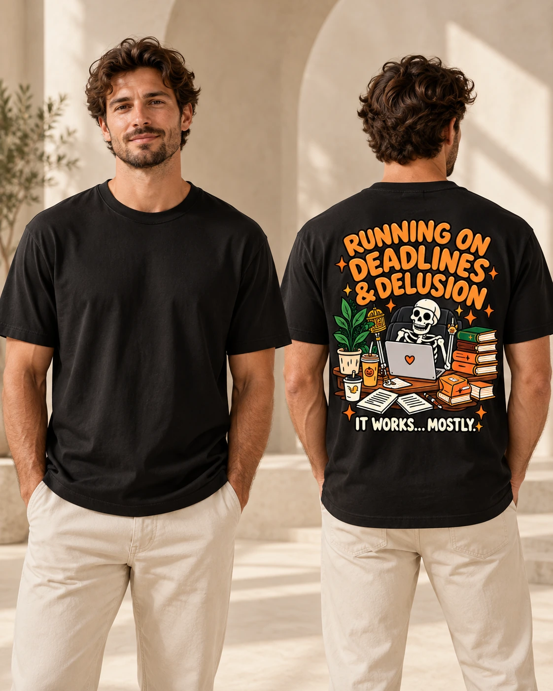 Running on Deadlines and Delusion — men’s Black T-shirt — Front and Back Running on Deadlines and Delusion men's T-shirt in Black, front and back view