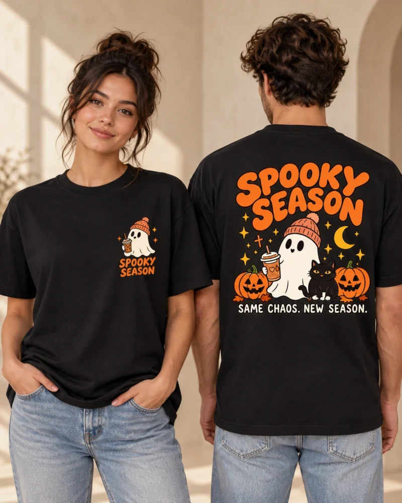 Spooky Season unisex Black T-shirt, front and back views