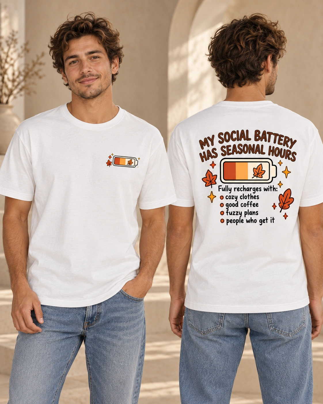 My Social Battery Has Seasonal Hours men’s White T-shirt, front and back views