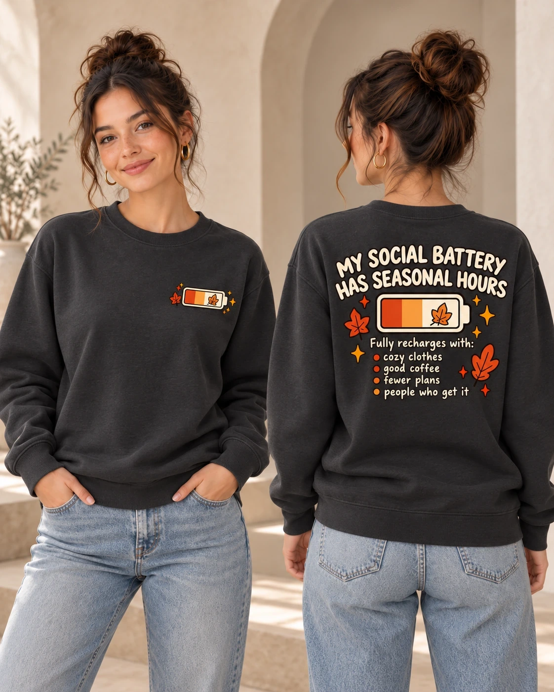 My Social Battery Has Seasonal Hours women's crewneck in Anthracite, front and back view
