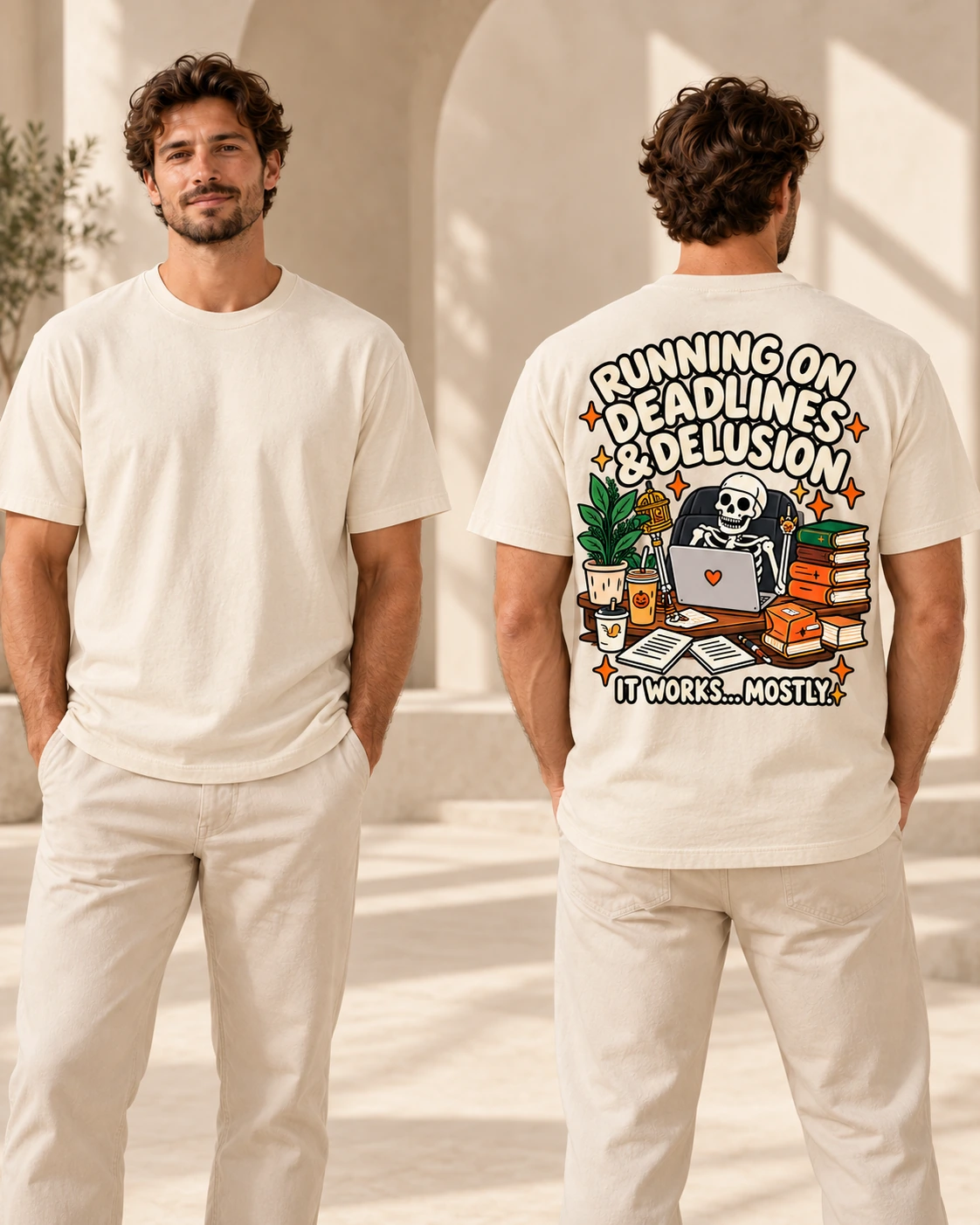 Running on Deadlines and Delusion men's T-shirt in Natural Raw, front and back view