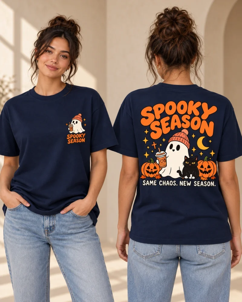 Spooky Season women’s French Navy T-shirt, front and back views