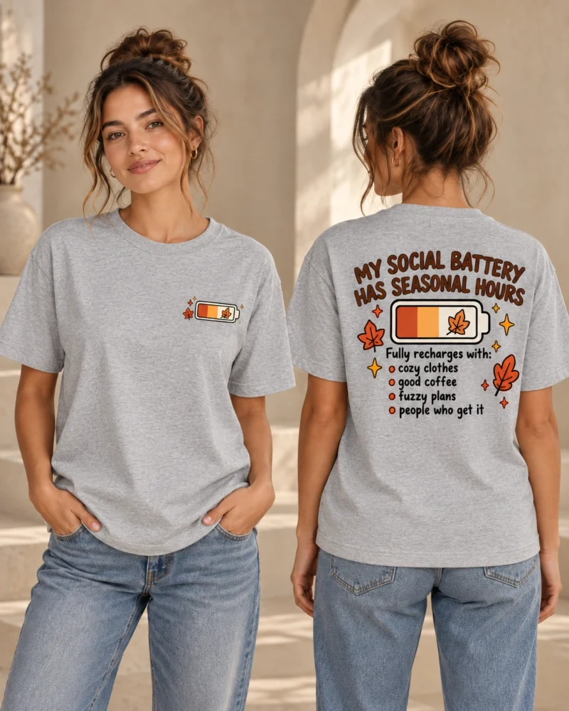 My Social Battery Has Seasonal Hours women’s Heather Grey T-shirt, front and back views