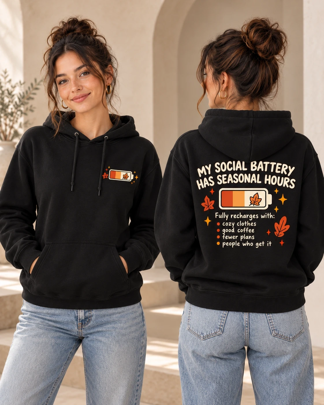 My Social Battery Has Seasonal Hours women's hoodie in Black, front and back view
