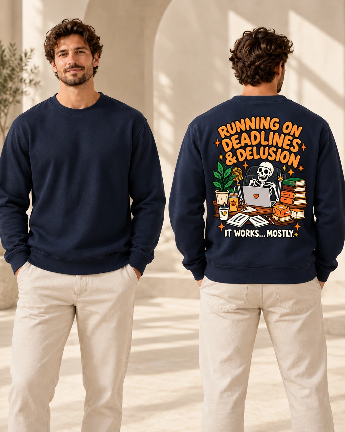 Running on Deadlines and Delusion men's crewneck in French Navy, front and back view