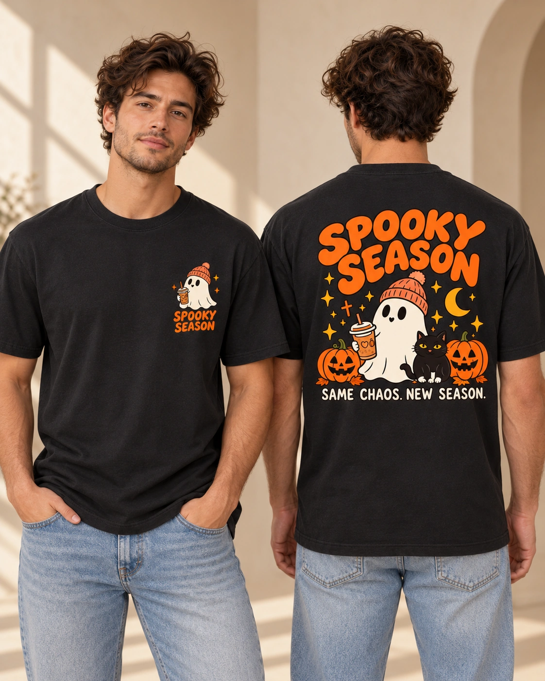 Spooky Season men’s Anthracite T-shirt, front and back views
