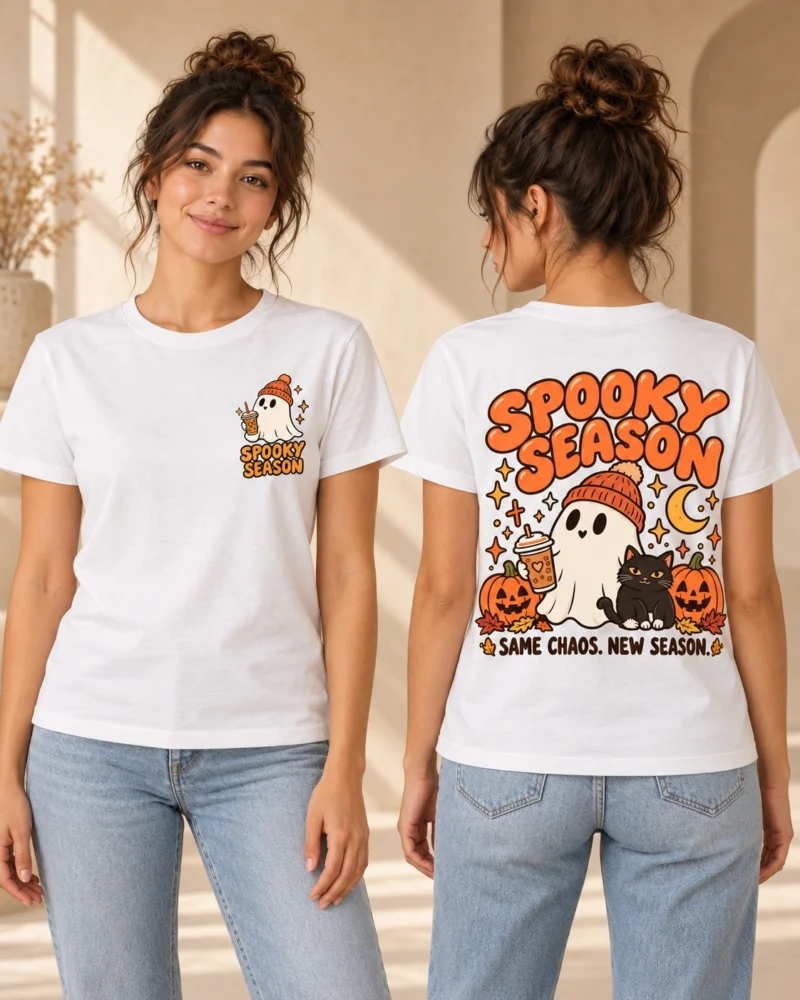 Spooky Season women’s White T-shirt, front and back views