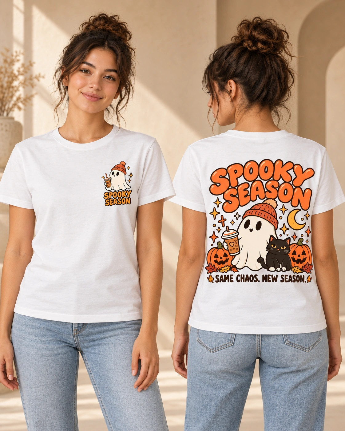 Spooky Season women’s White T-shirt, front and back views