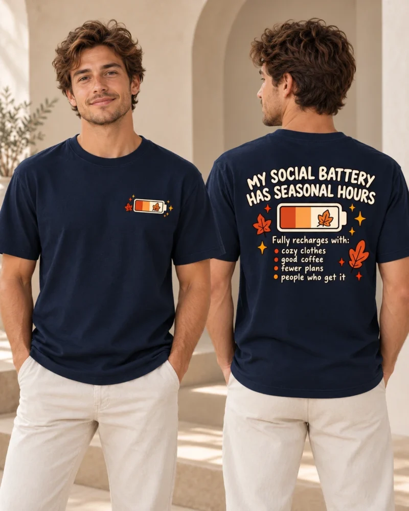 My Social Battery Has Seasonal Hours men's T-shirt in French Navy, front and back view