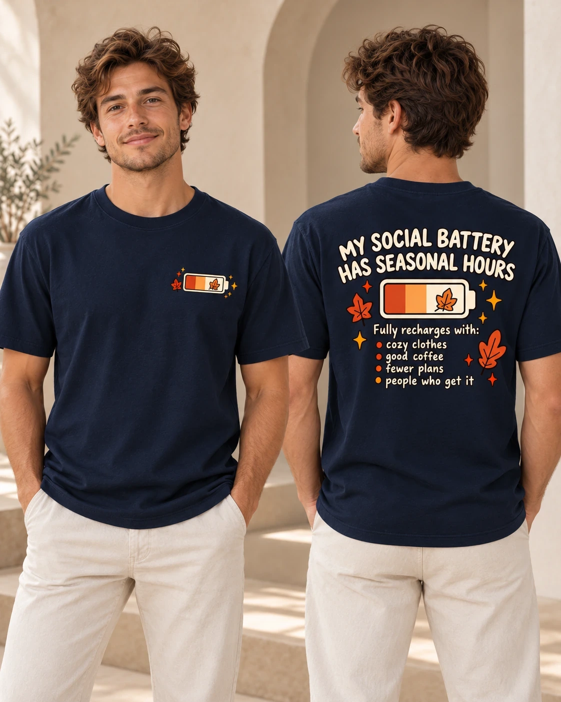My Social Battery Has Seasonal Hours men's T-shirt in French Navy, front and back view