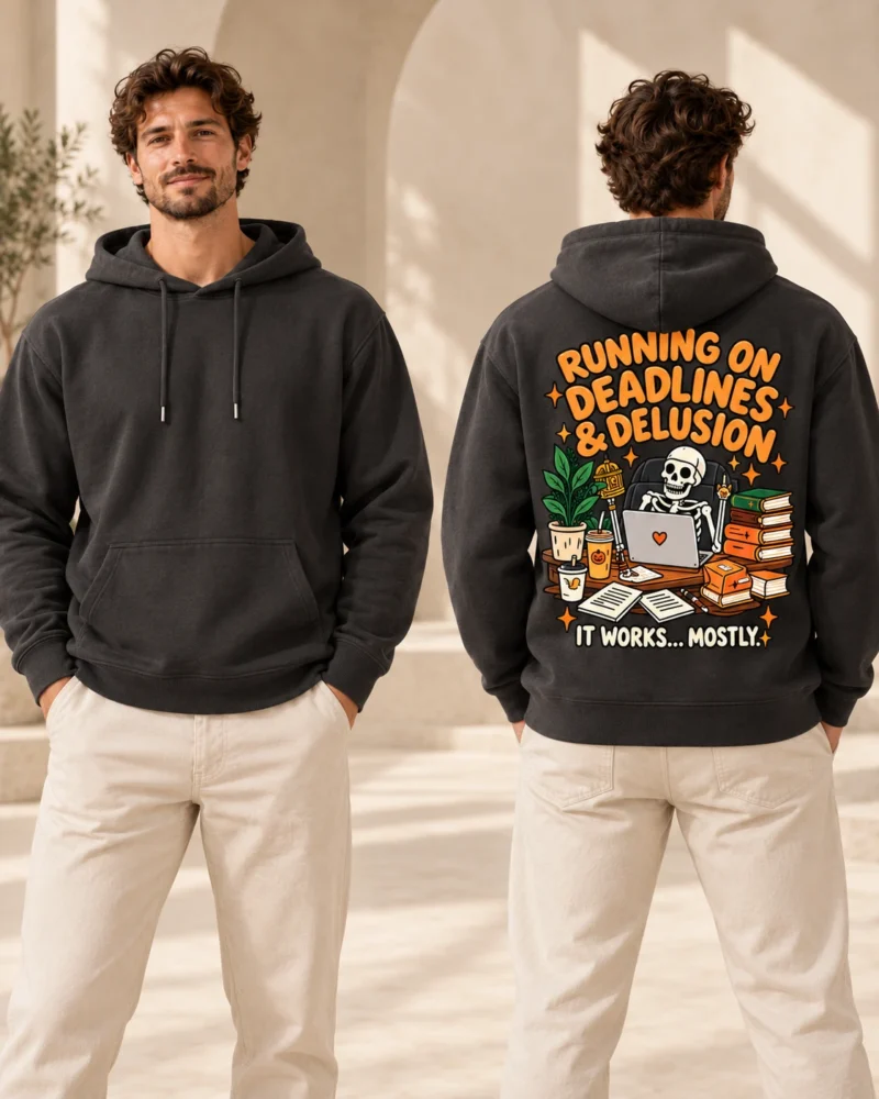 Running on Deadlines and Delusion men's hoodie in Anthracite, front and back view