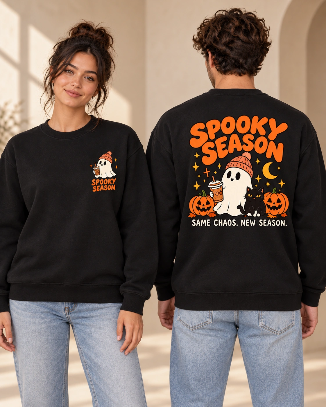 Spooky Season unisex Black crewneck, front and back views