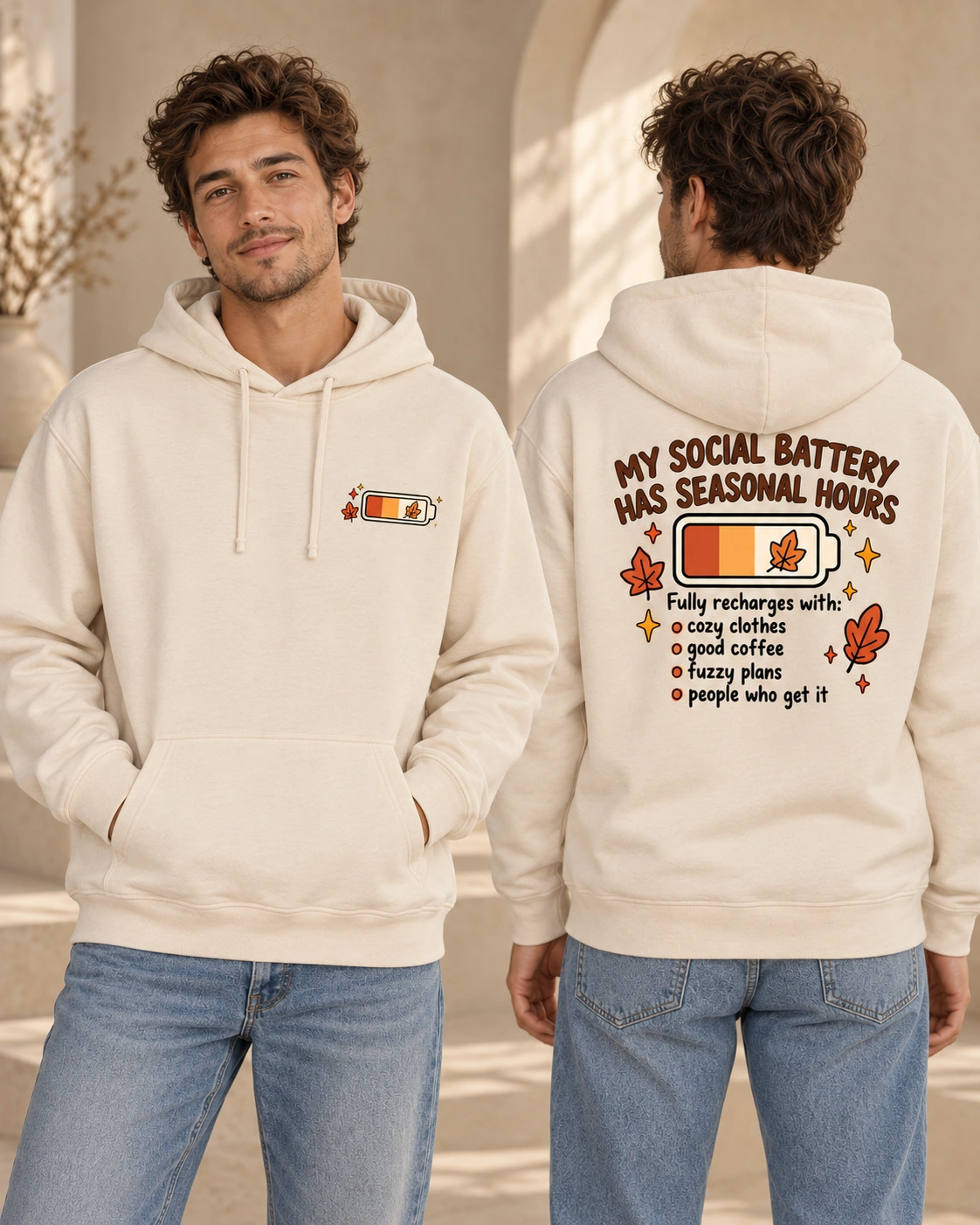 My Social Battery Has Seasonal Hours men’s Natural Raw hoodie, front and back views