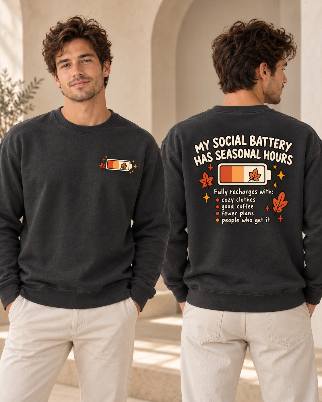 My Social Battery Has Seasonal Hours men's crewneck in Anthracite, front and back view