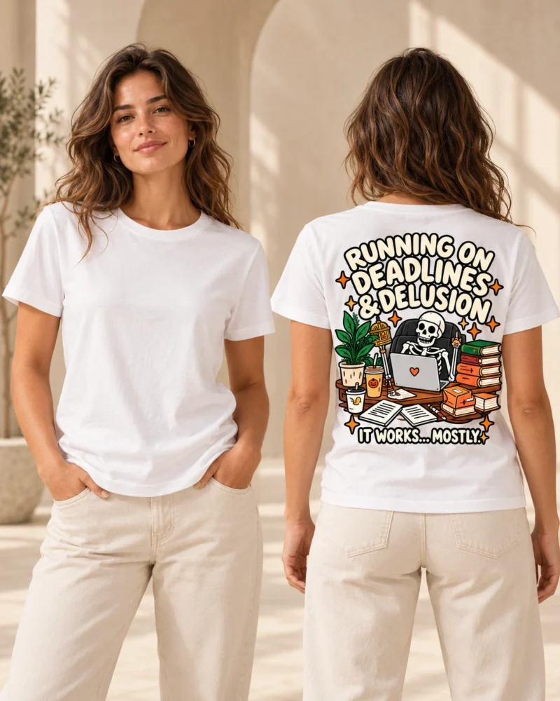 Running on Deadlines and Delusion women's T-shirt in White, front and back view
