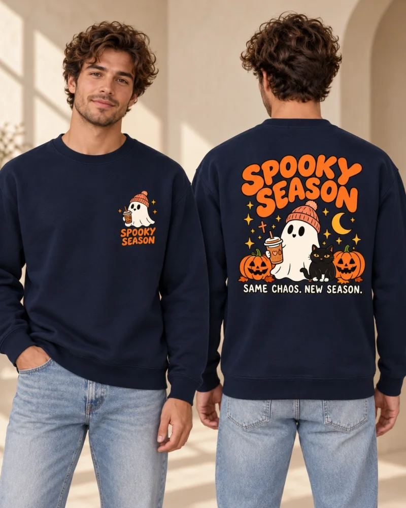Spooky Season men’s French Navy crewneck, front and back views