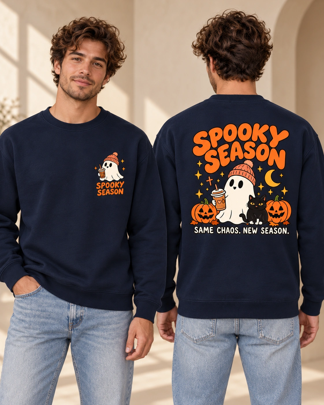 Spooky Season men’s French Navy crewneck, front and back views