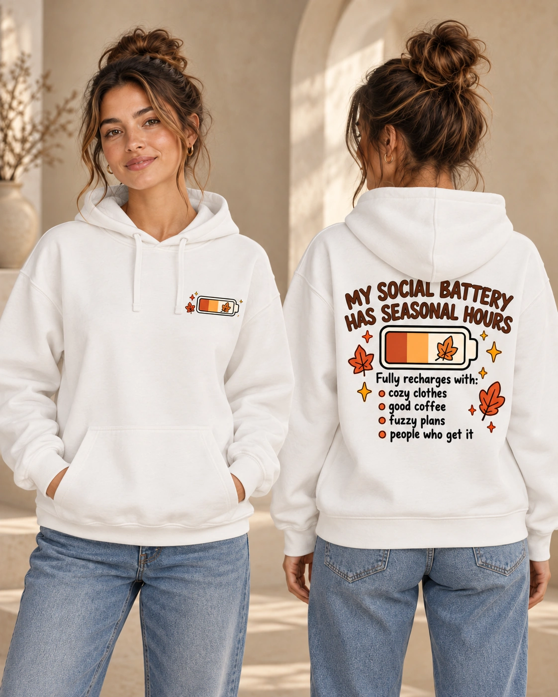 My Social Battery Has Seasonal Hours unisex White hoodie, front and back views
