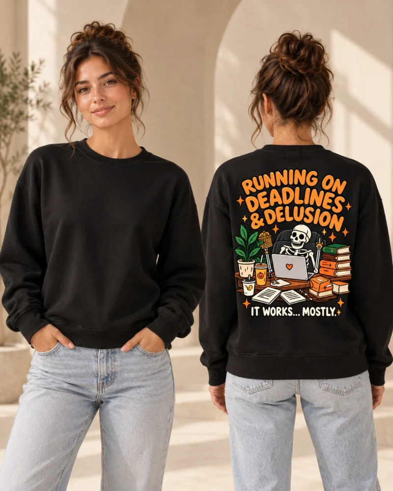 Running on Deadlines and Delusion women's crewneck in Black, front and back view