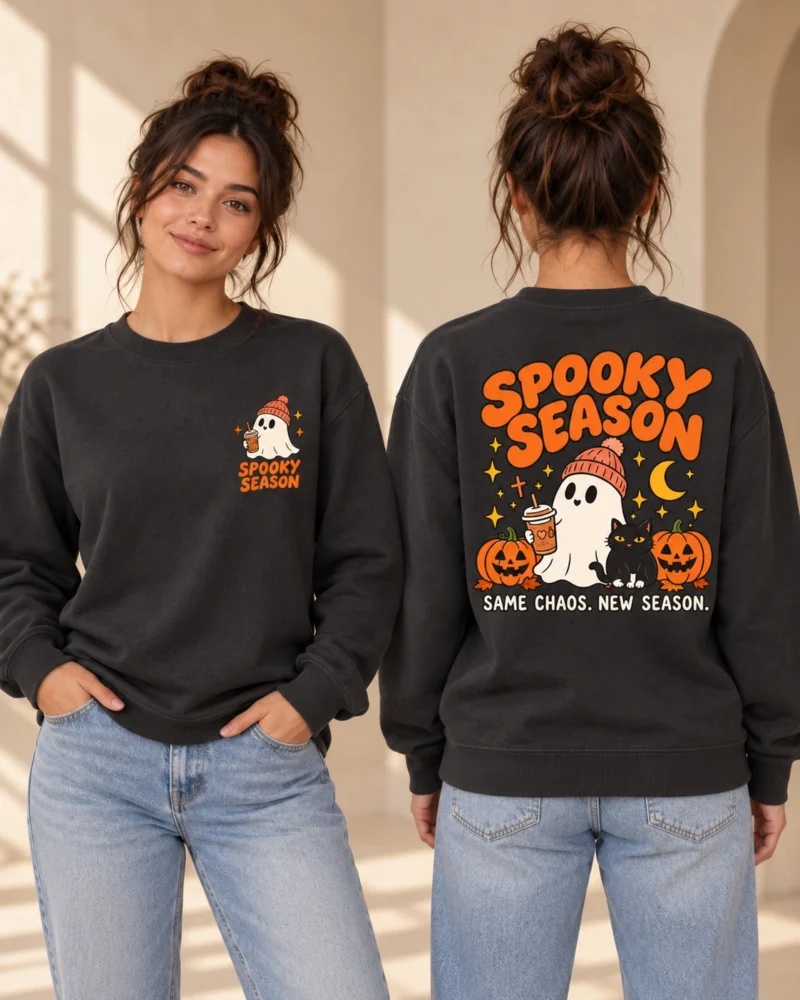Spooky Season women’s Anthracite crewneck, front and back views