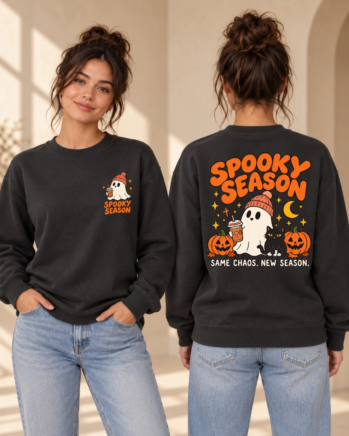 Spooky Season women’s Anthracite crewneck, front and back views