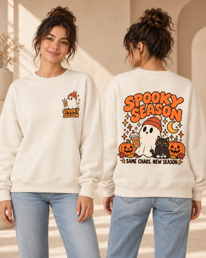 Spooky Season women’s Natural Raw crewneck, front and back views