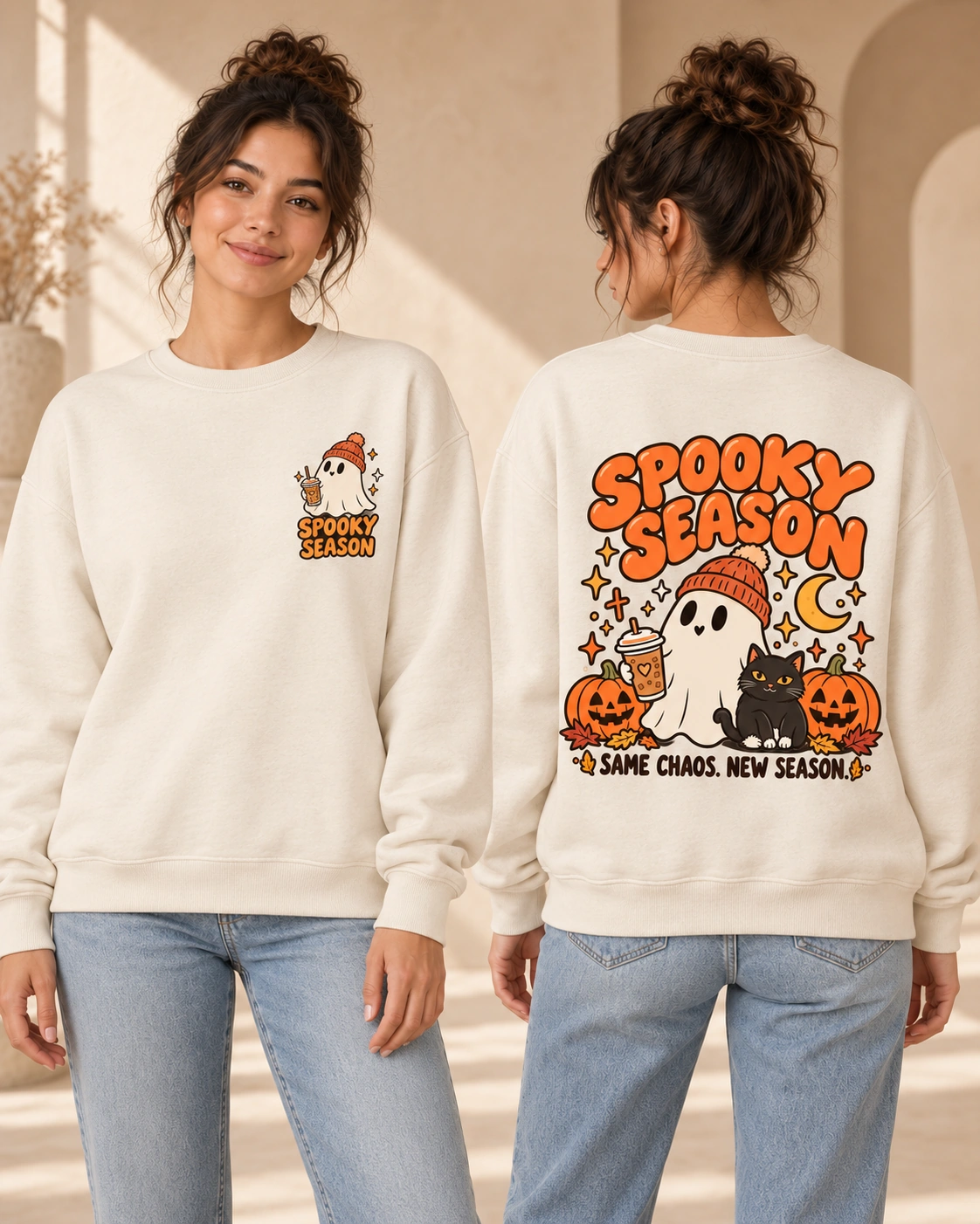 Spooky Season women’s Natural Raw crewneck, front and back views
