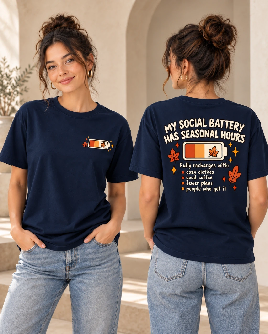 My Social Battery Has Seasonal Hours women's T-shirt in French Navy, front and back view