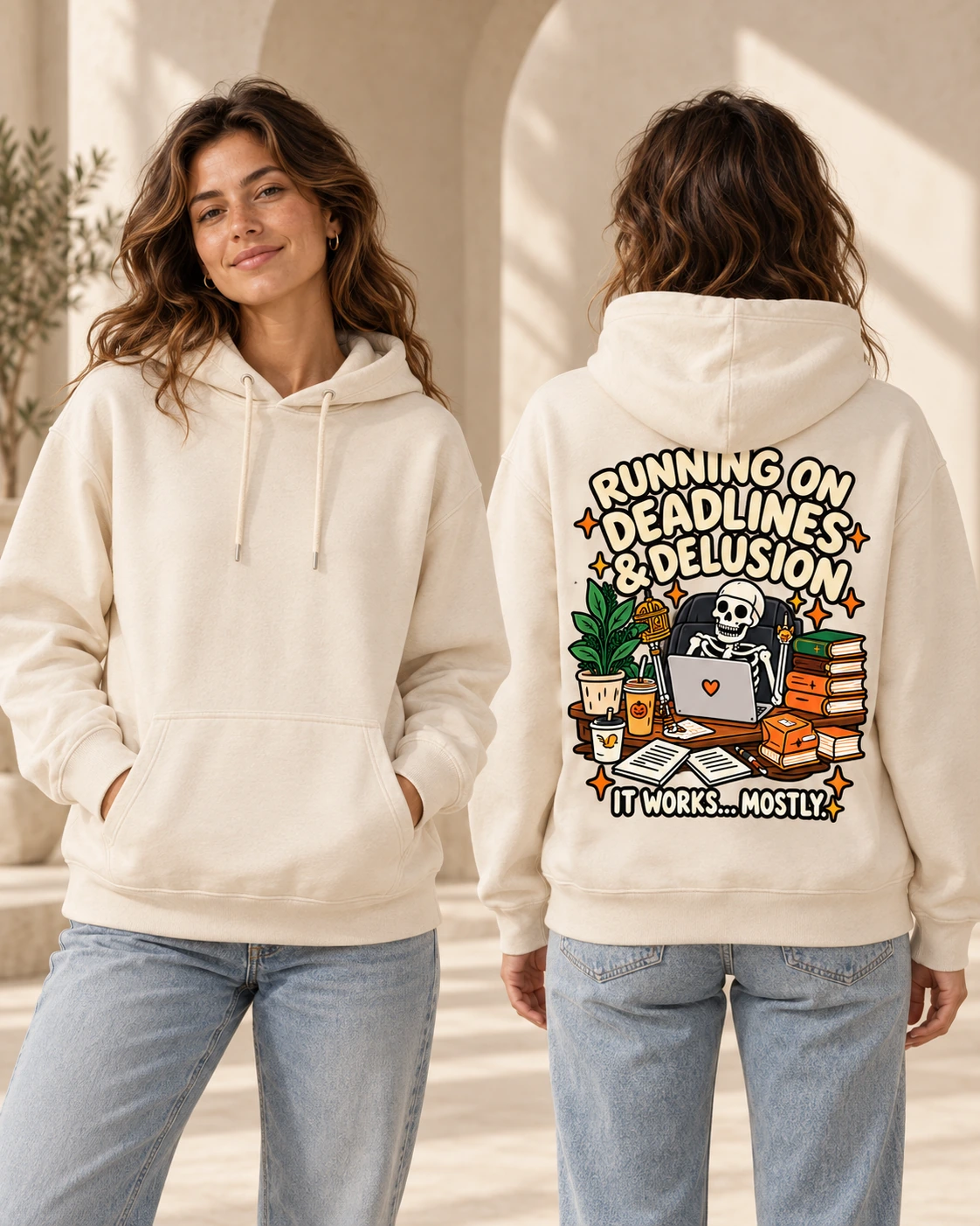 Running on Deadlines and Delusion women's hoodie in Natural Raw, front and back view
