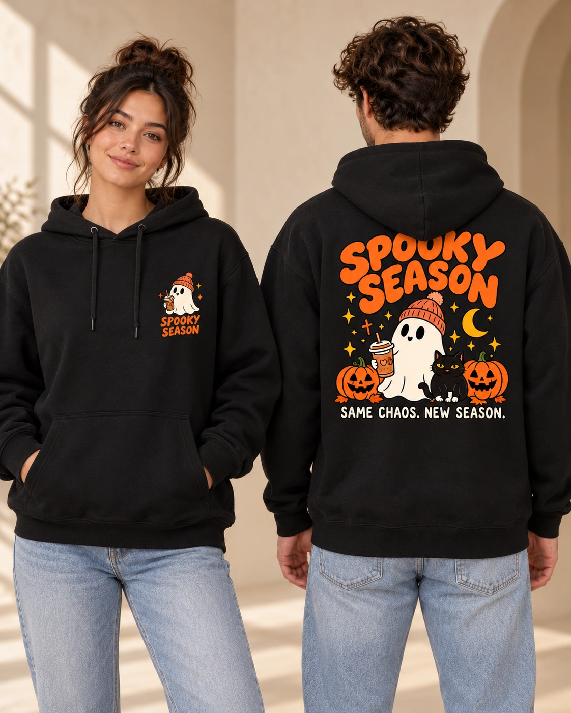 Spooky Season unisex Black hoodie, front and back views