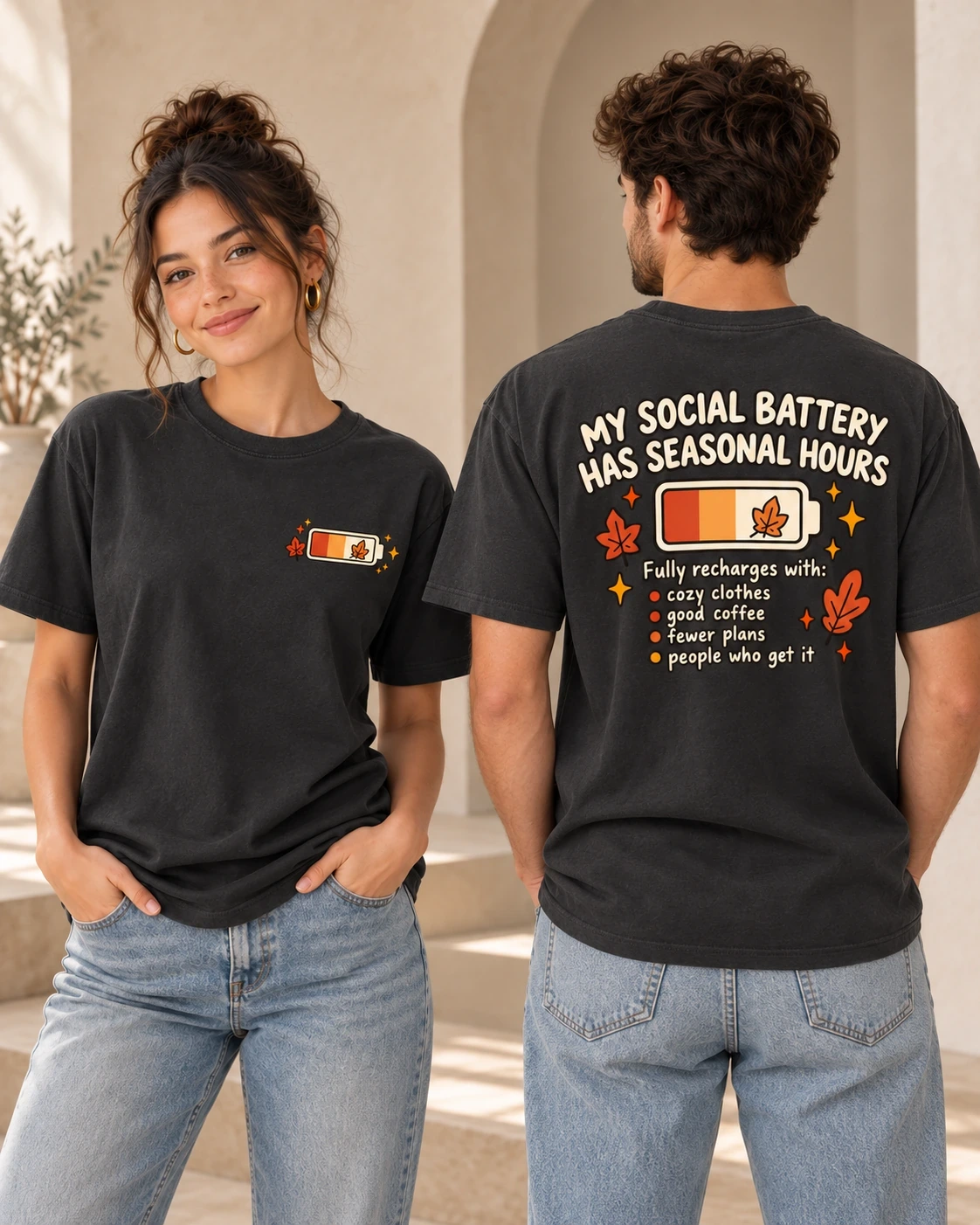 My Social Battery Has Seasonal Hours unisex Black T-shirt, front and back views