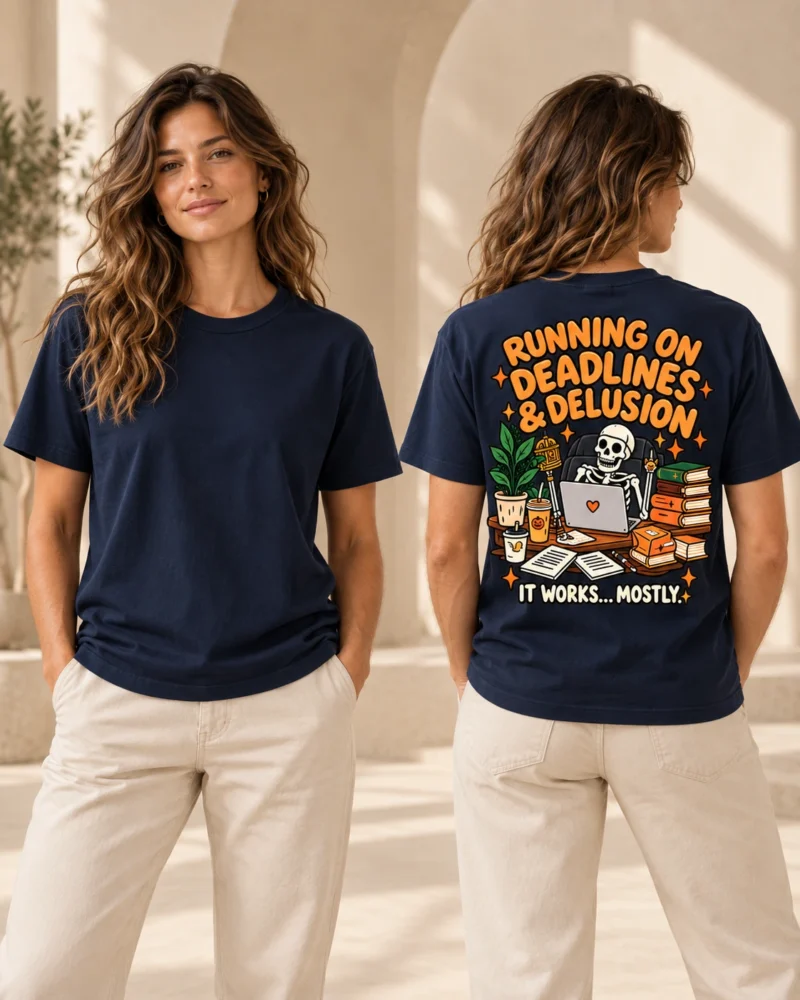 Running on Deadlines and Delusion unisex French Navy T-shirt, front and back views
