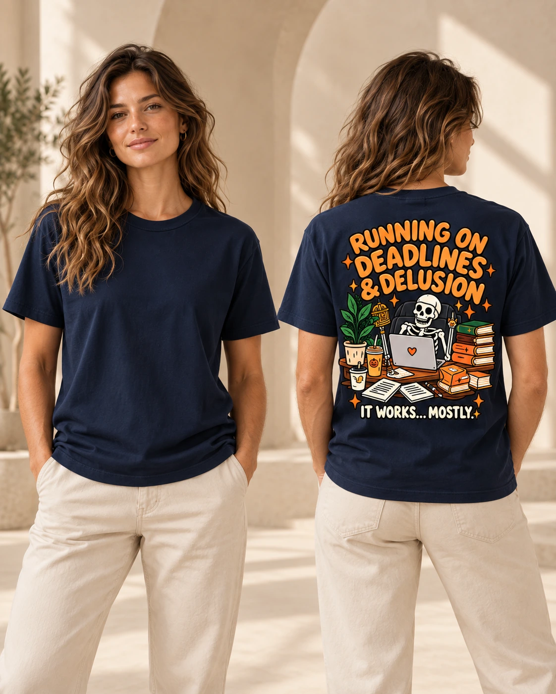 Running on Deadlines and Delusion unisex French Navy T-shirt, front and back views