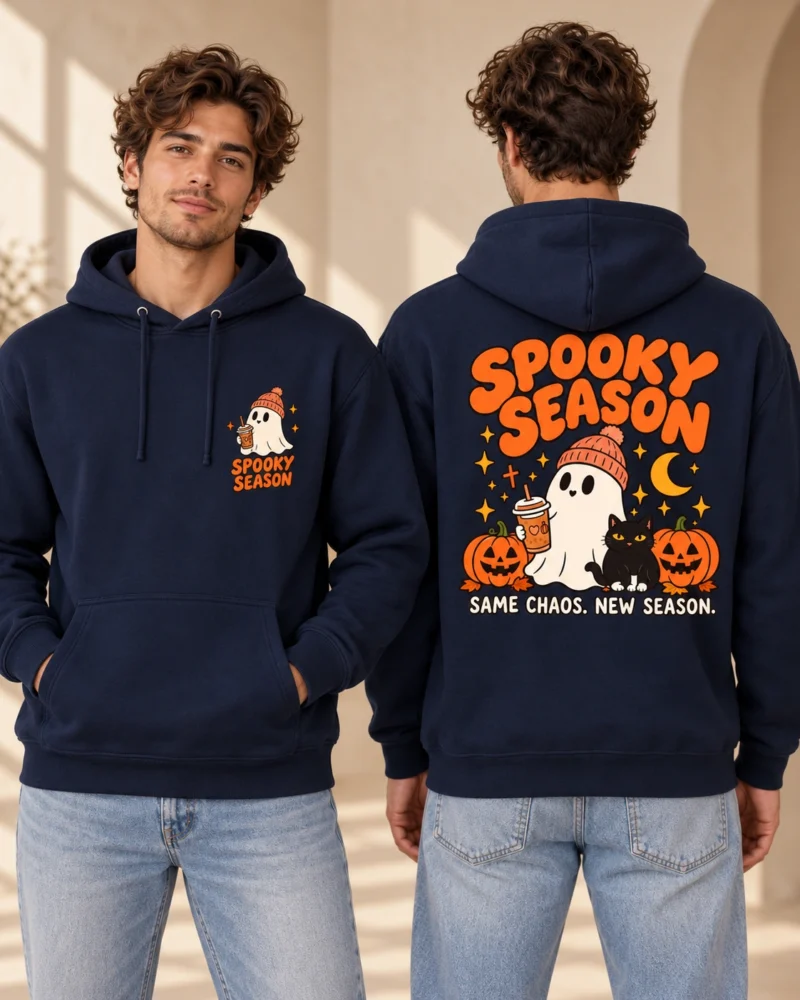 Spooky Season men’s French Navy hoodie, front and back views