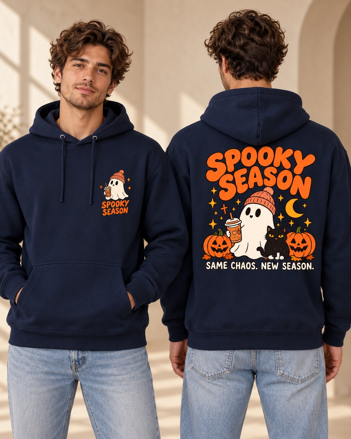 Spooky Season men’s French Navy hoodie, front and back views