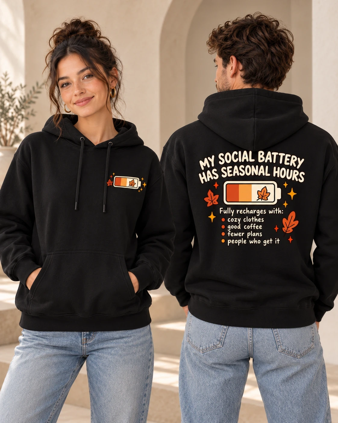 My Social Battery Has Seasonal Hours unisex French Navy crewneck, front and back views