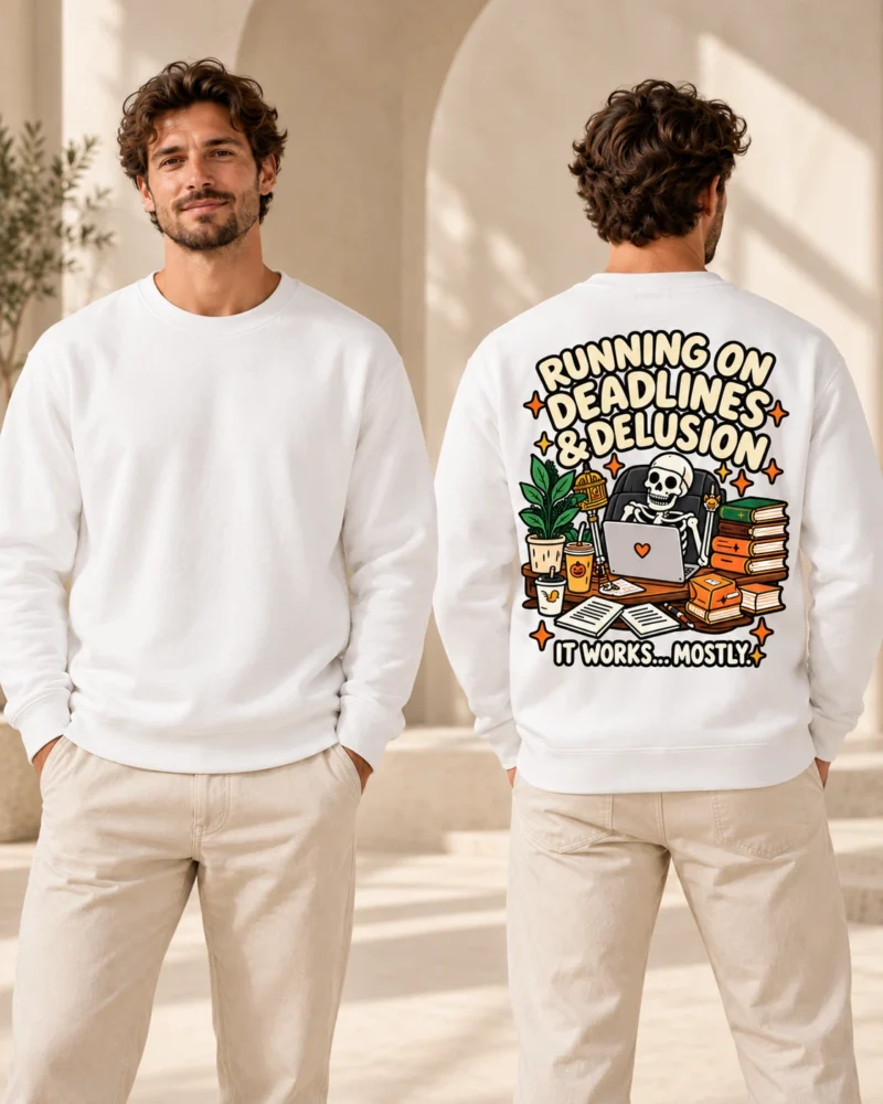Running on Deadlines and Delusion unisex White crewneck, front and back views
