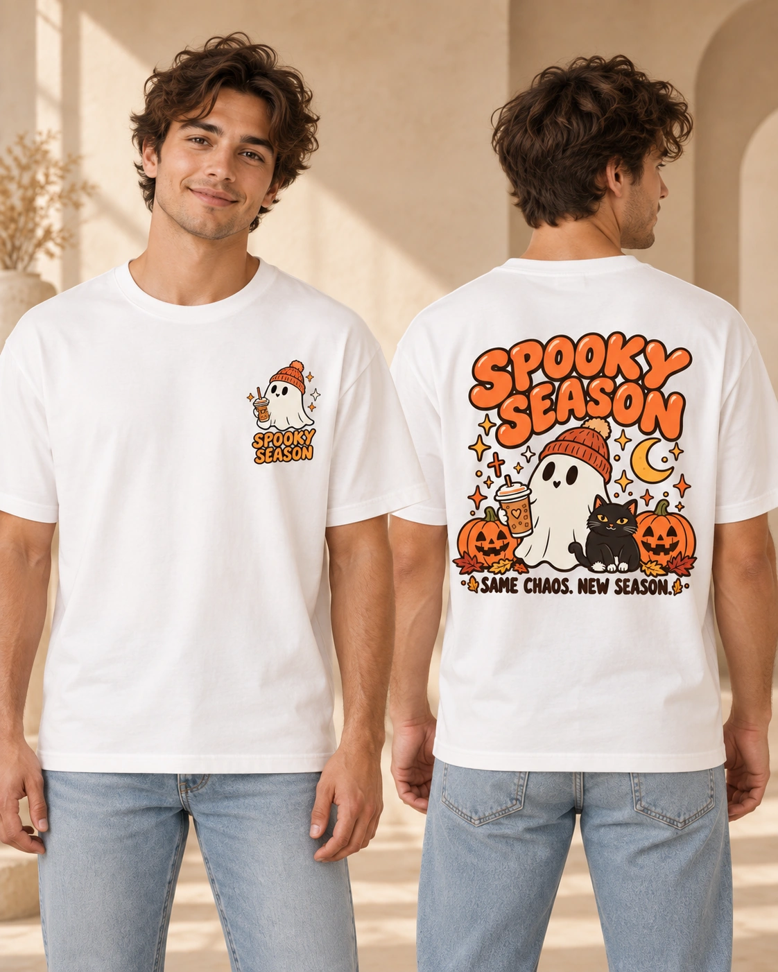 Spooky Season unisex White T-shirt, front and back views