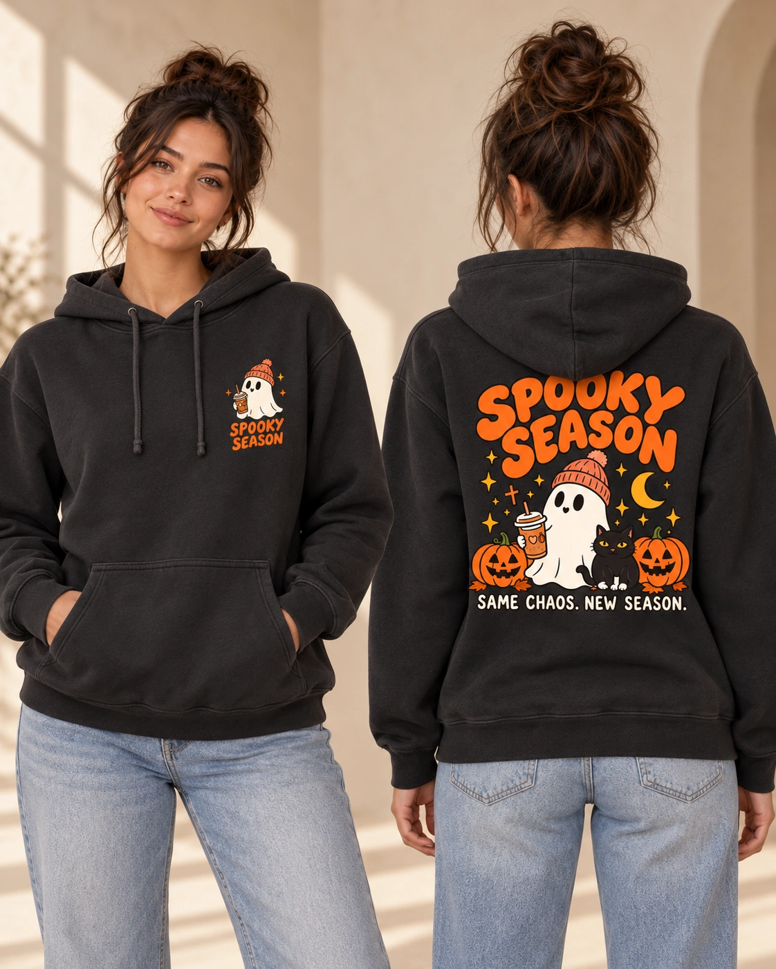Spooky Season women’s Anthracite hoodie, front and back views