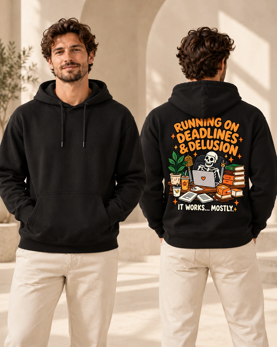 Running on Deadlines and Delusion unisex Black hoodie, front and back views