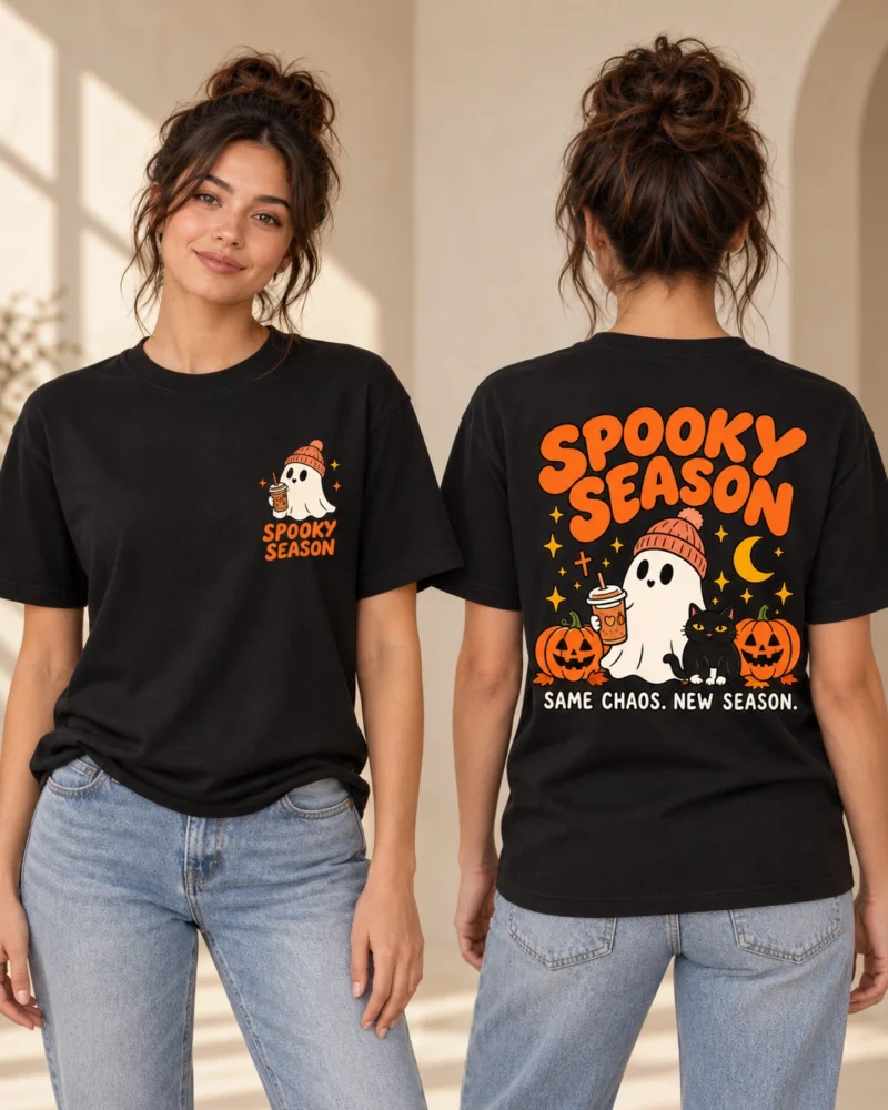 Spooky Season women’s Black T-shirt, front and back views