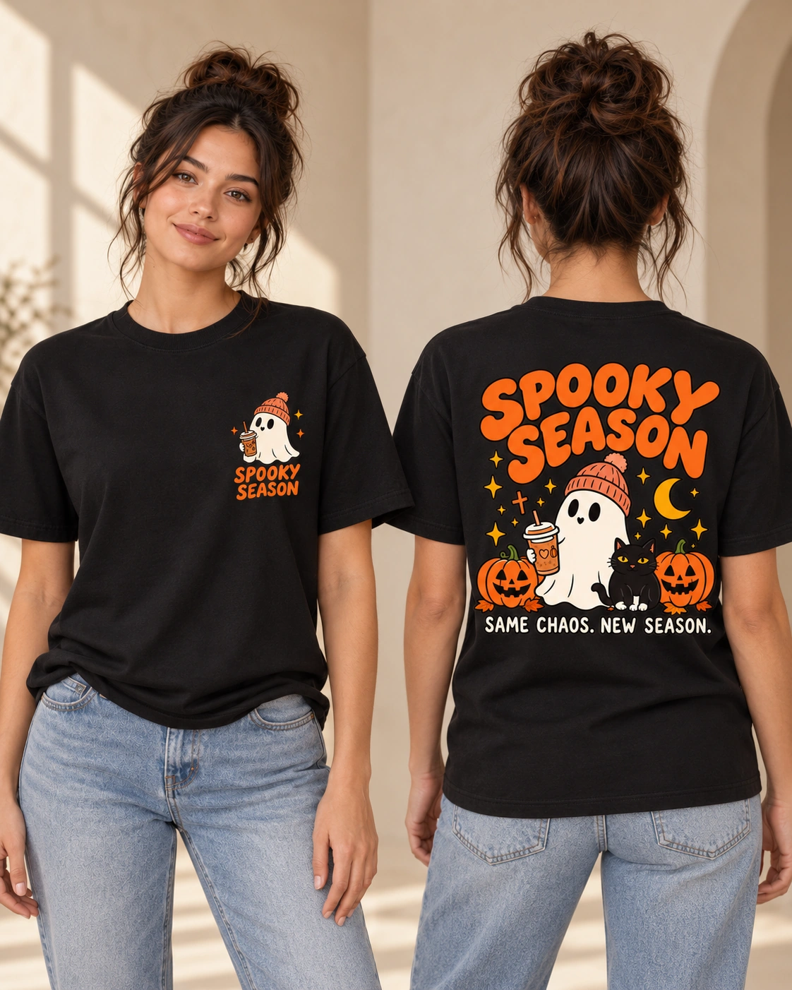 Spooky Season women’s Black T-shirt, front and back views