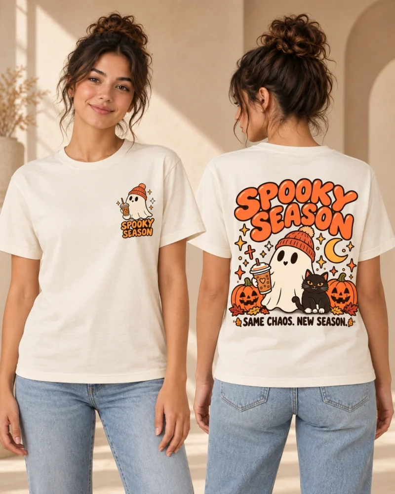 Spooky Season women’s Natural Raw T-shirt, front and back views